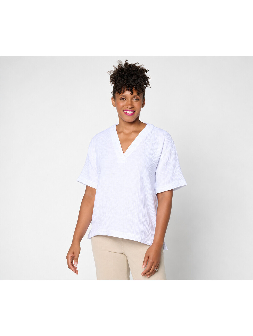 Susan Graver Regular Cotton Gauze Drop Shoulder Pullover Top White, Size Small